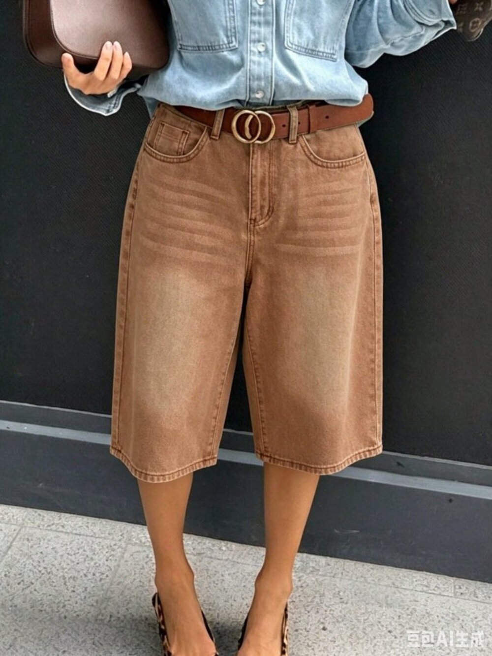 brown Women's Casual Denim Bermuda Shorts with Pockets
